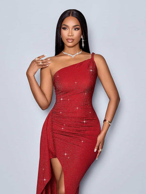 Asymmetrical Shoulder Straps Sequins High Side Split Ruffles Maxi Dresses