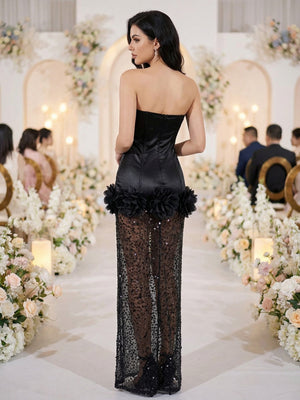 Robe de soirée à sequins et fleurs 3D, jupe en résille, robe moulante bustier maxi