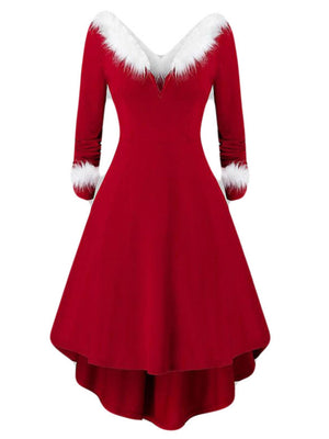 Christmas Plush Splicing V-neck Large Skirt Long Sleeves Midi Dresses