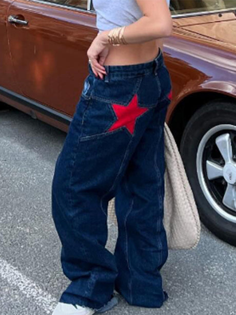 Y3K Color Blocking Five-pointed Star Low-waisted Wide-leg Pants Jeans