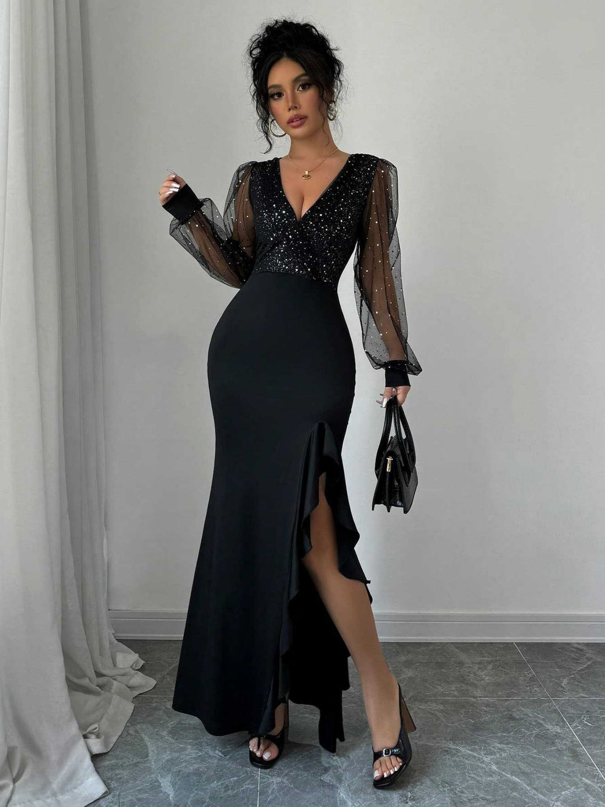 V-neck High-waisted Sequins Splicing Maxi Dresses