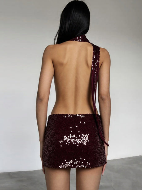 Backless Halter Neck Deep V Sequins Hip Wrap Mini&Short Dresses