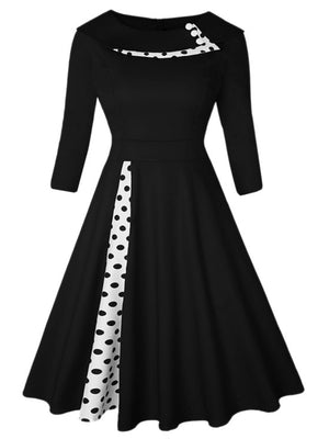 Christmas Polka Dots Splicing Retro Lapel Three-quarter Sleeves Midi Dresses