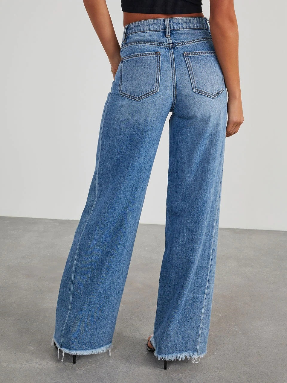 Wide-leg Side Seam Splicing Ground Edge Hem Pocket Jeans