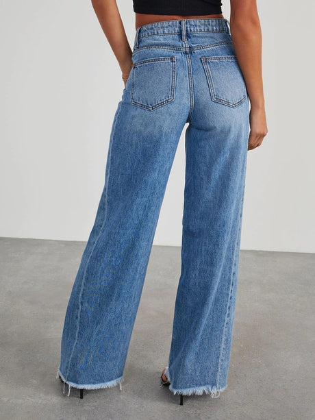 Wide-leg Side Seam Splicing Ground Edge Hem Pocket Jeans