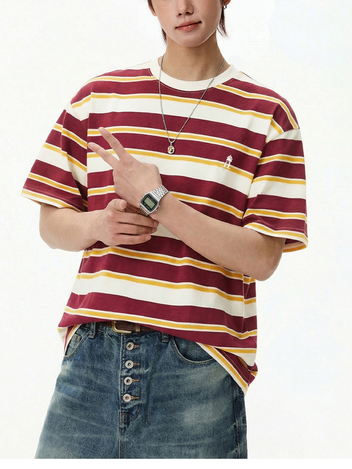 Retro Color-blocked Stripes Loose-fit T-shirts