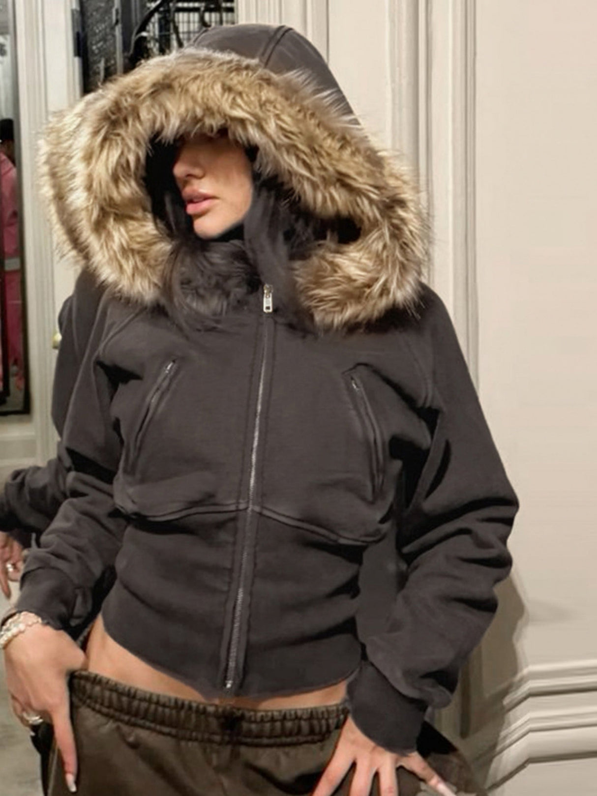 Waist Shaping Plush Patchwork Hoodies Zipper Jackets