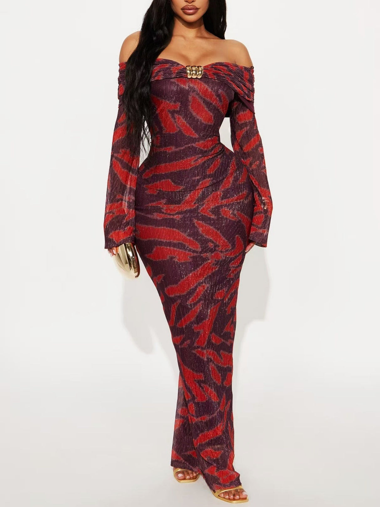 Off-the-shoulder Neckline Printed Jacquard Self-cultivation Maxi Dresses