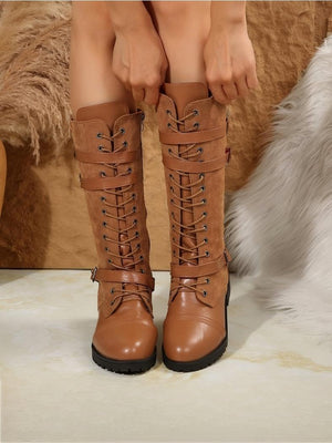 Color-blocked Denim Belt Buckle Knee-high Women's Boots