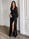 V-neck Waist-cinching Belt Sequins Sheer Lantern Sleeves Maxi Dresses