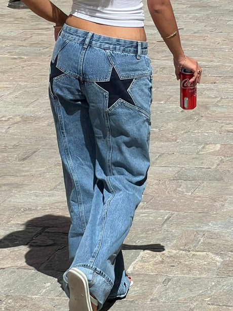 Y3K Color Blocking Five-pointed Star Low-waisted Wide-leg Pants Jeans