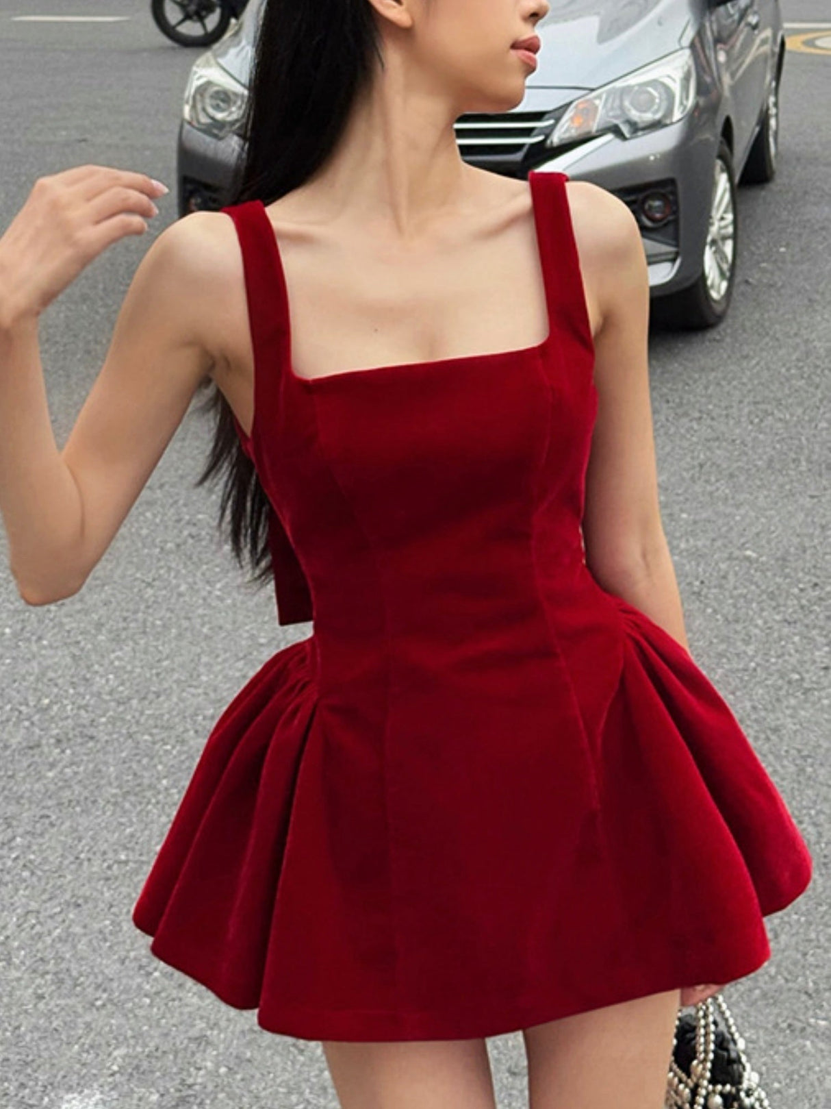 Bow Red Velvet Sexy Backless A-line Skirt Mini&Short Dresses