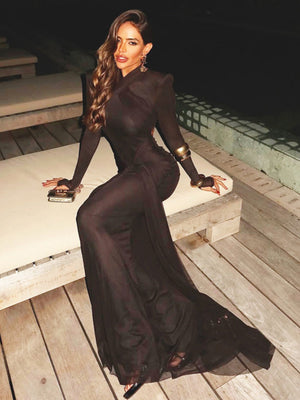 Solid Color Ribbon Long-sleeved Dress With Hip-lifting Sexy Slim-fitting Maxi Dress For Women