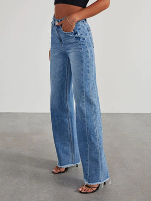 Wide-leg Side Seam Splicing Ground Edge Hem Pocket Jeans