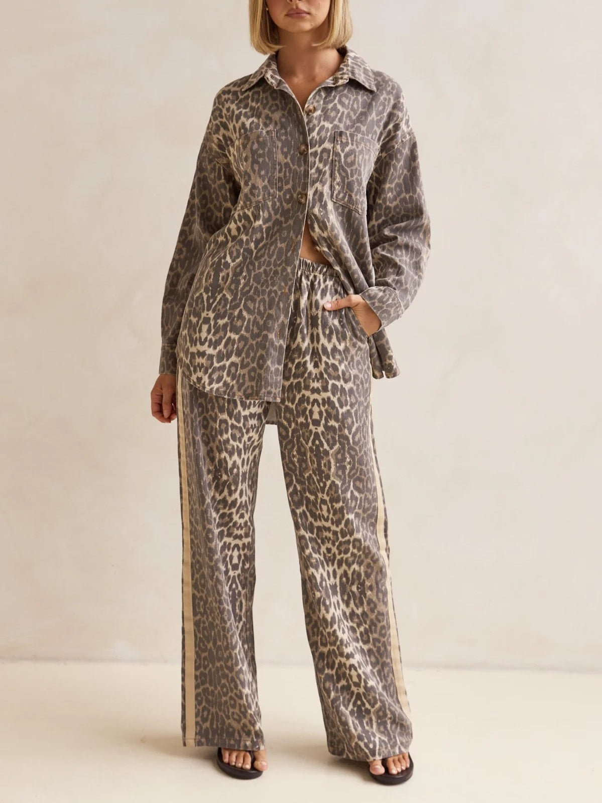 Leopard Print Lapel Retro Pocket Denim 2-piece Sets