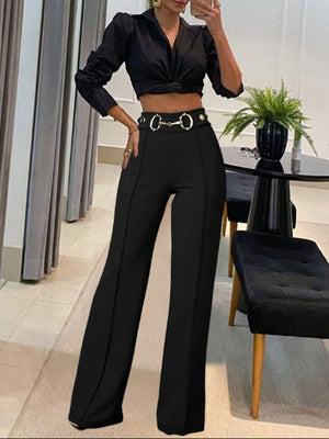 Metal Decoration Pleated High-waisted Straight Tube Pants