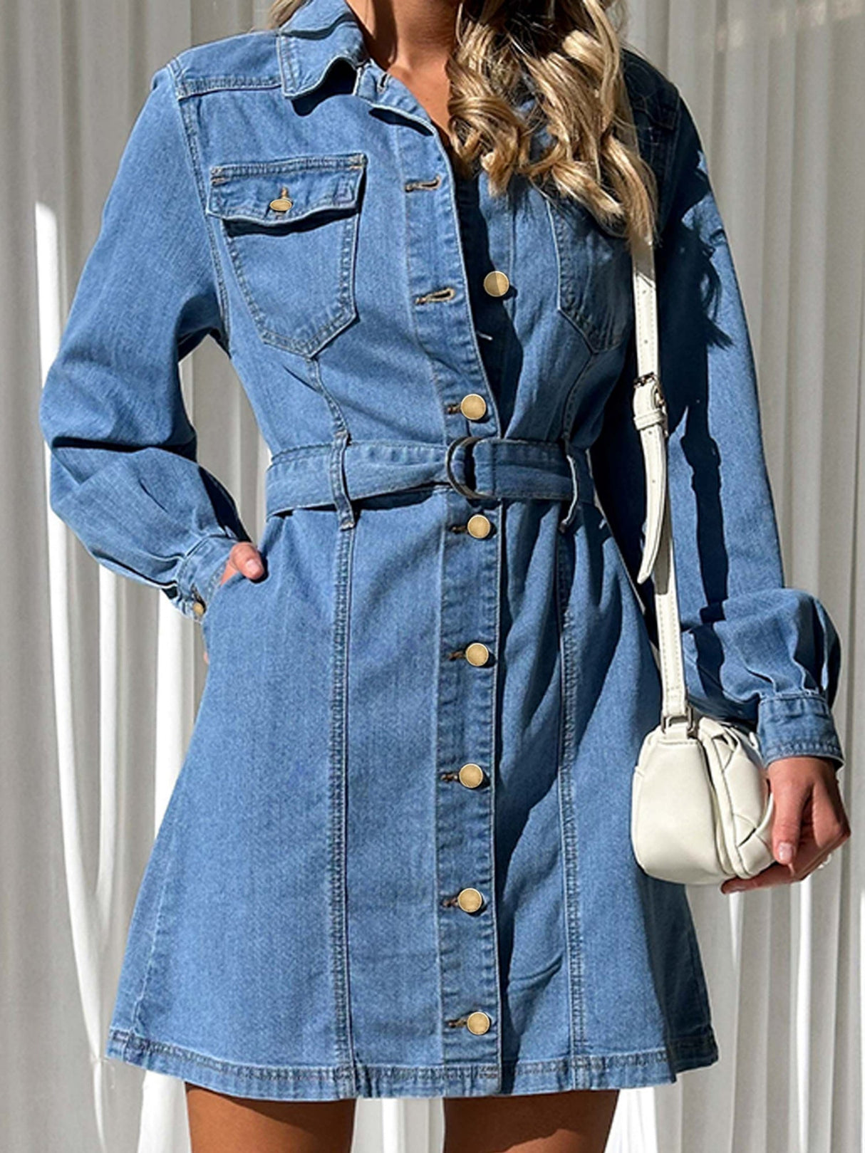 Buttons Lace Up Long Sleeves Denim Dress