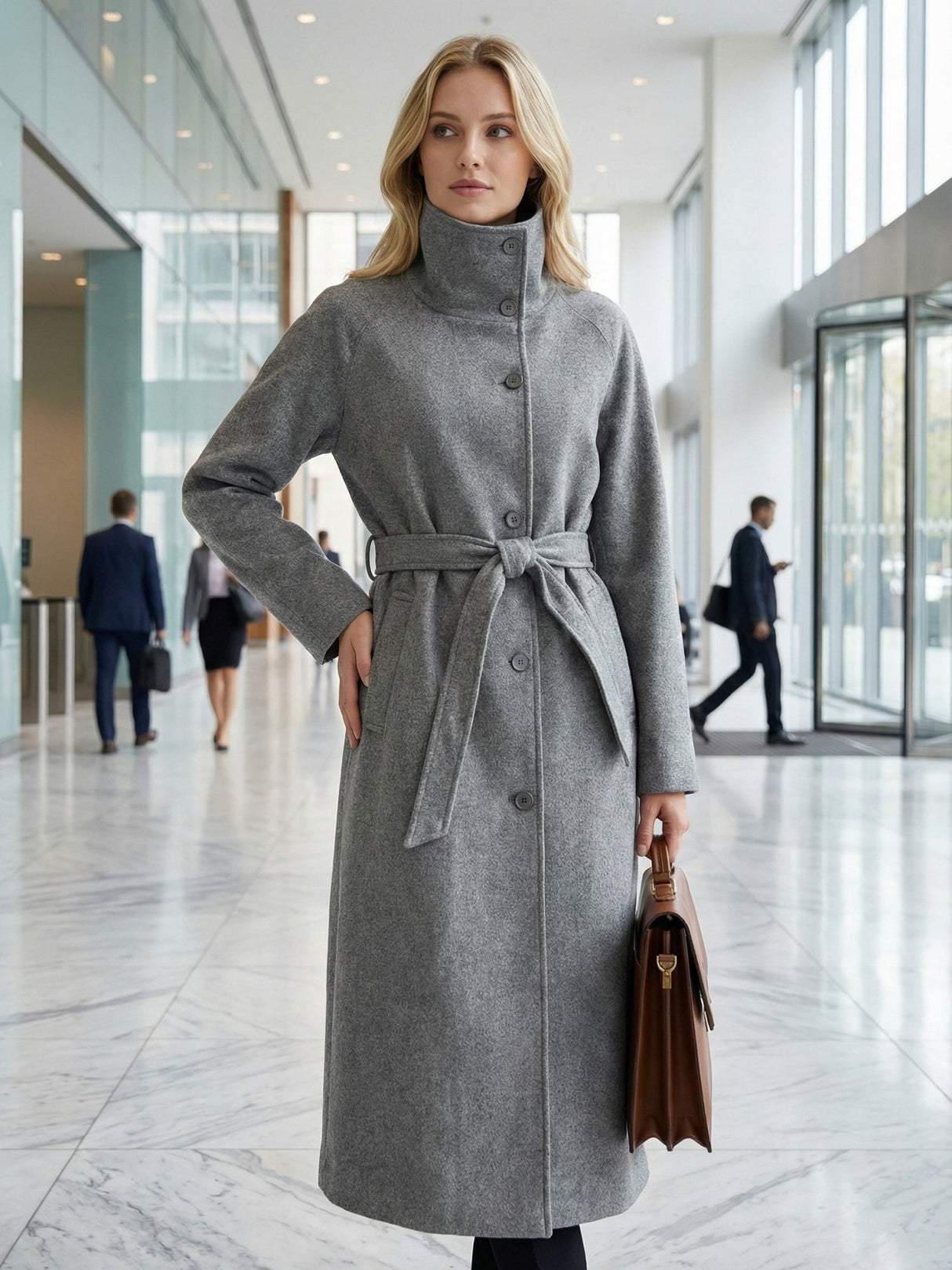Waist-cinching Wool Coat Stand-up Collar Tie Coats