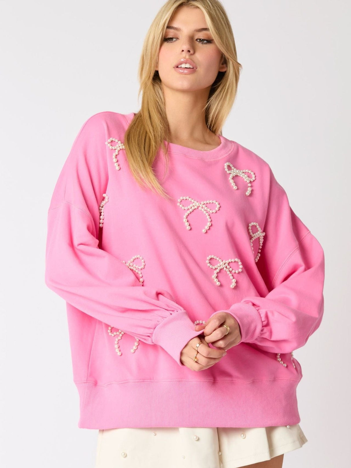 Christmas Pearl Bow Long Sleeve Top Casual Sweatshirt