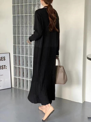 Lapel Contrasting Trim Elegant Chanel Style Pleated Loose Long Knitted Dress