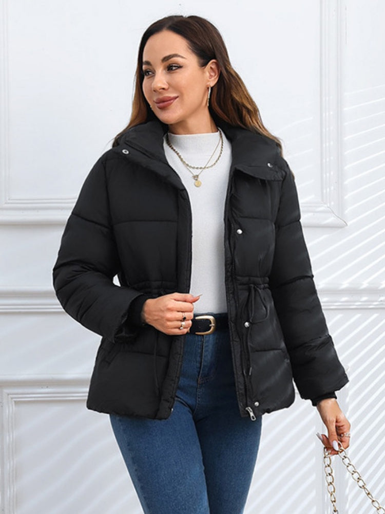 Stand Collar Waist Tie Down Padded Jacket Warm Coat
