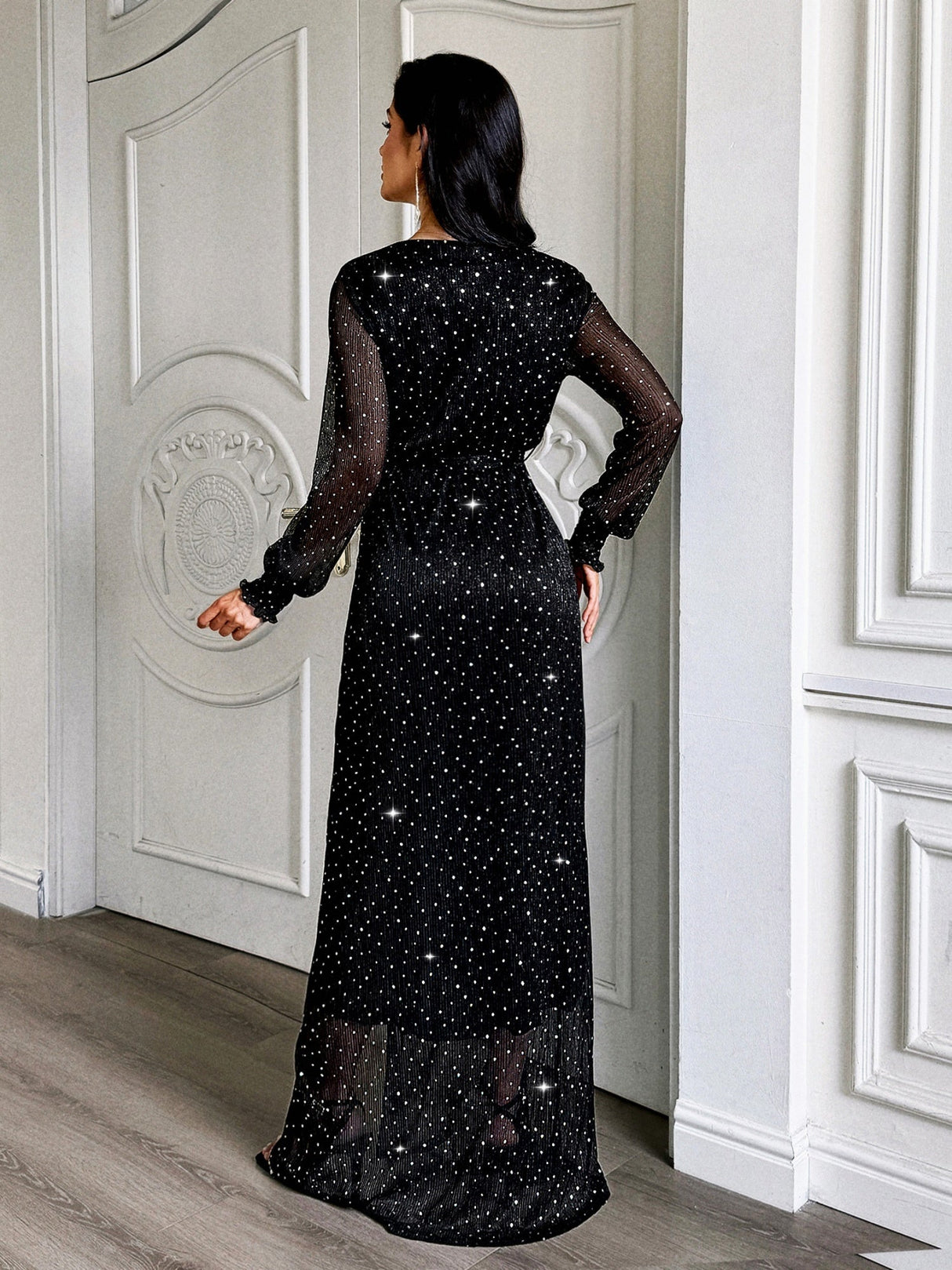 V-neck Waist-cinching Belt Sequins Sheer Lantern Sleeves Maxi Dresses