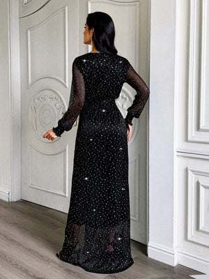 V-neck Waist-cinching Belt Sequins Sheer Lantern Sleeves Maxi Dresses