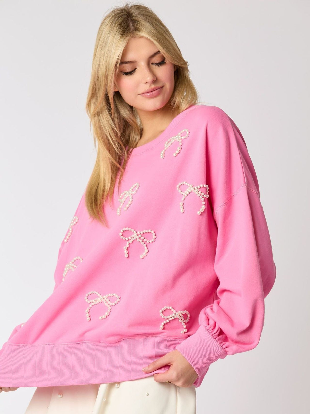 Christmas Pearl Bow Long Sleeve Top Casual Sweatshirt