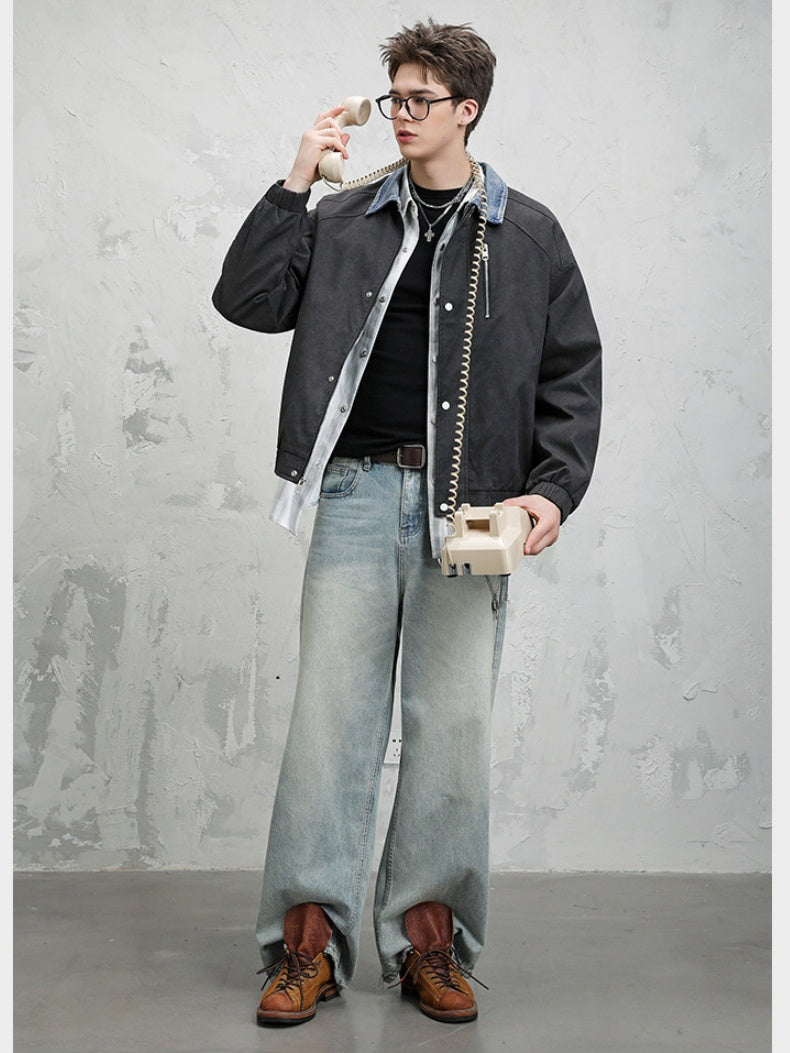 High Street Lapel All-match Loose Fake Two Pieces Flight Jacket