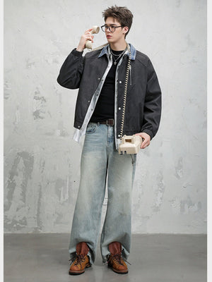 High Street Lapel All-match Loose Fake Two Pieces Flight Jacket