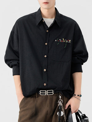 Simple Floral Embroidery Stripes Shirts