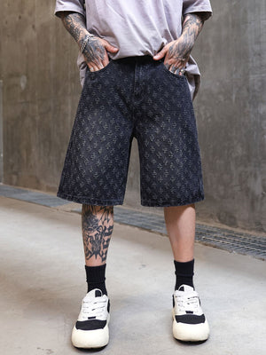 Jacquard Full Print Denim Lightweight Straight-fit Five Points Shorts
