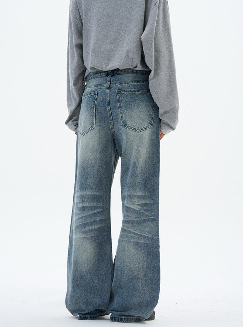 Cleanfit Washing Stereo Cat Whiskers Loose Straight Jeans