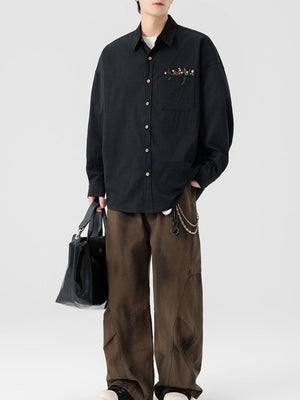 Simple Floral Embroidery Stripes Shirts