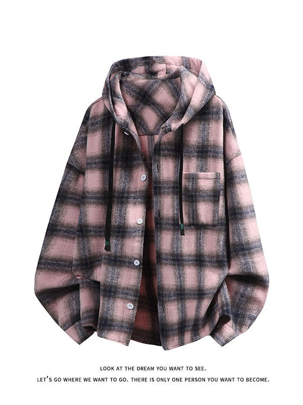 Plaid Stripes Sanding Thickening Hooded Long-sleeved Shirt