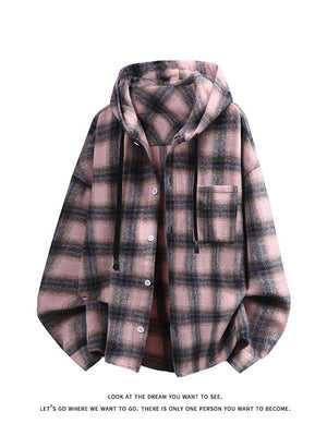 Plaid Stripes Sanding Thickening Hooded Long-sleeved Shirt