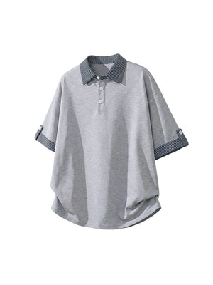 Color-blocked Layered-look Stripes Patchwork Polo Shirt