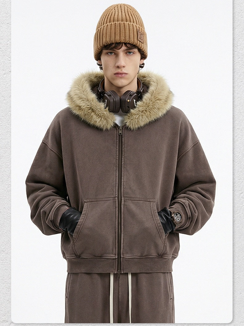 Gilet à capuche en polaire doublé, col en fourrure, coupe carrée et délavée