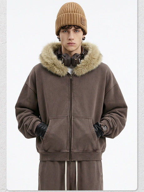 Washed Boxy Fur-collared Fleece Lined Hoodies Cardigan