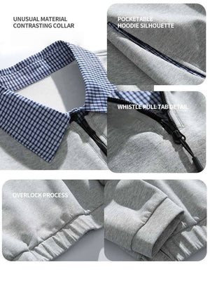 Layered-look Plaid Zipper Loose-fit Sweatshirts&Hoodies