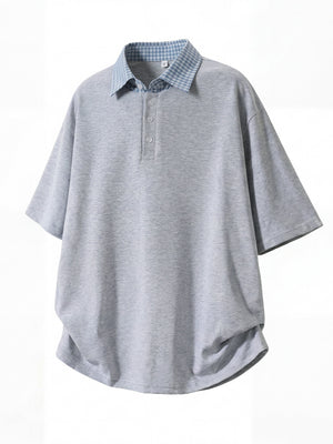 College Style Layered-look Color-blocked Plaid Polo Shirt