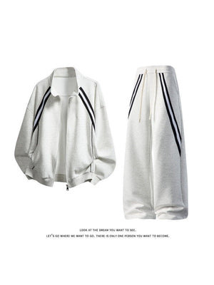 Color-blocked Stripes Straight-leg Trousers Sweatshirts Cardigan Set