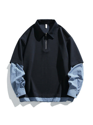 Layered-look Color-blocked Plaid Notch-Collar Zipper Sweatshirts&Hoodies