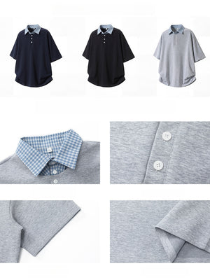 College Style Layered-look Color-blocked Plaid Polo Shirt