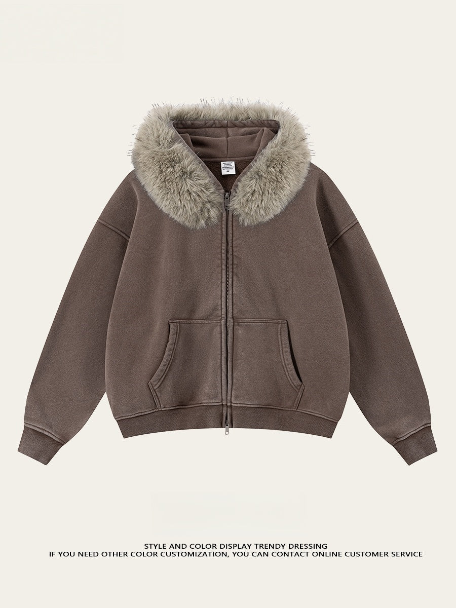 Gilet à capuche en polaire doublé, col en fourrure, coupe carrée et délavée