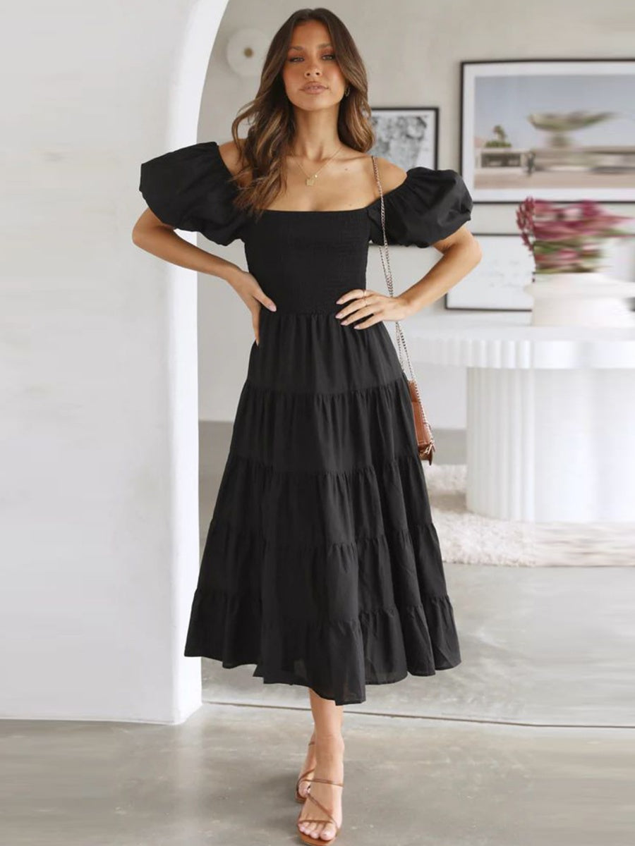 Off-the-shoulder Geometric Color-blocked Print Tulle Skirt With Puff Sleeves Long Dress