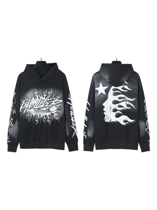 Washing Water Old Printed Hooded Sweatshirt Trousers Set