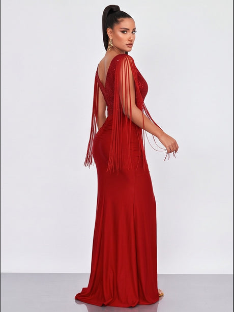 Sequins Bodycon Round Neck Slit Evening Dress Tassel Sleeves Pleated Maxi Dresses