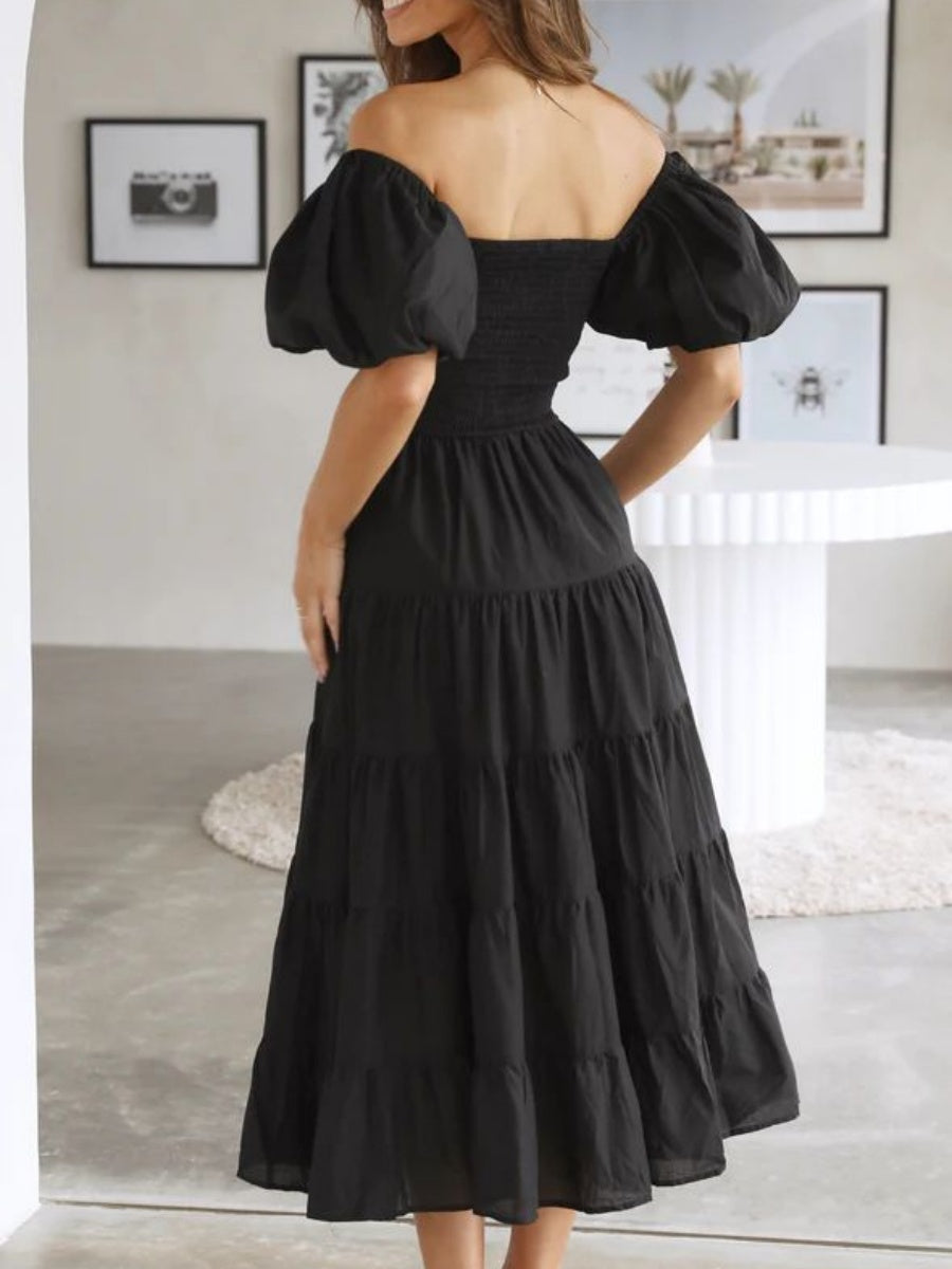 Off-the-shoulder Geometric Color-blocked Print Tulle Skirt With Puff Sleeves Long Dress