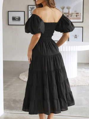 Off-the-shoulder Geometric Color-blocked Print Tulle Skirt With Puff Sleeves Long Dress